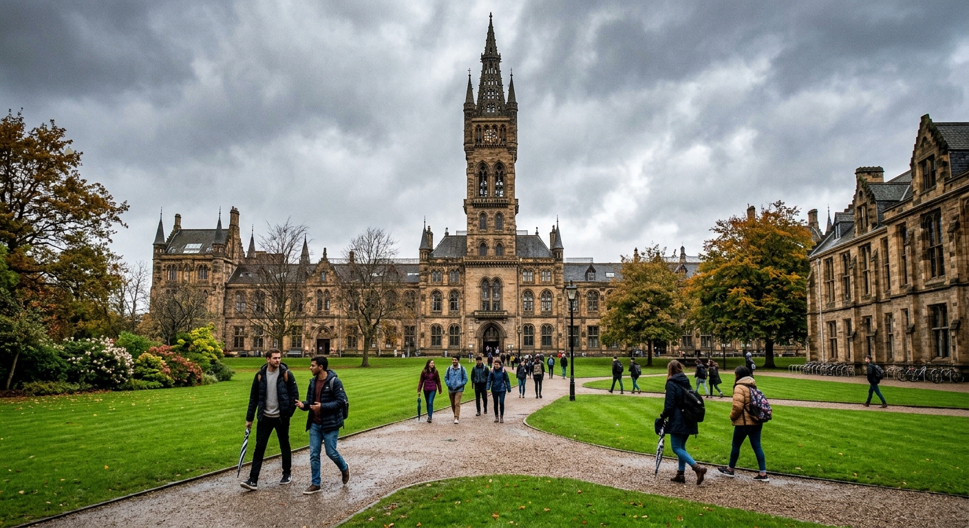 University of Glasgow historic Gothic revival main building with its iconic tower, green lawn in foreground, students walking along pathways, overcast Scottish sky, academic atmosphere