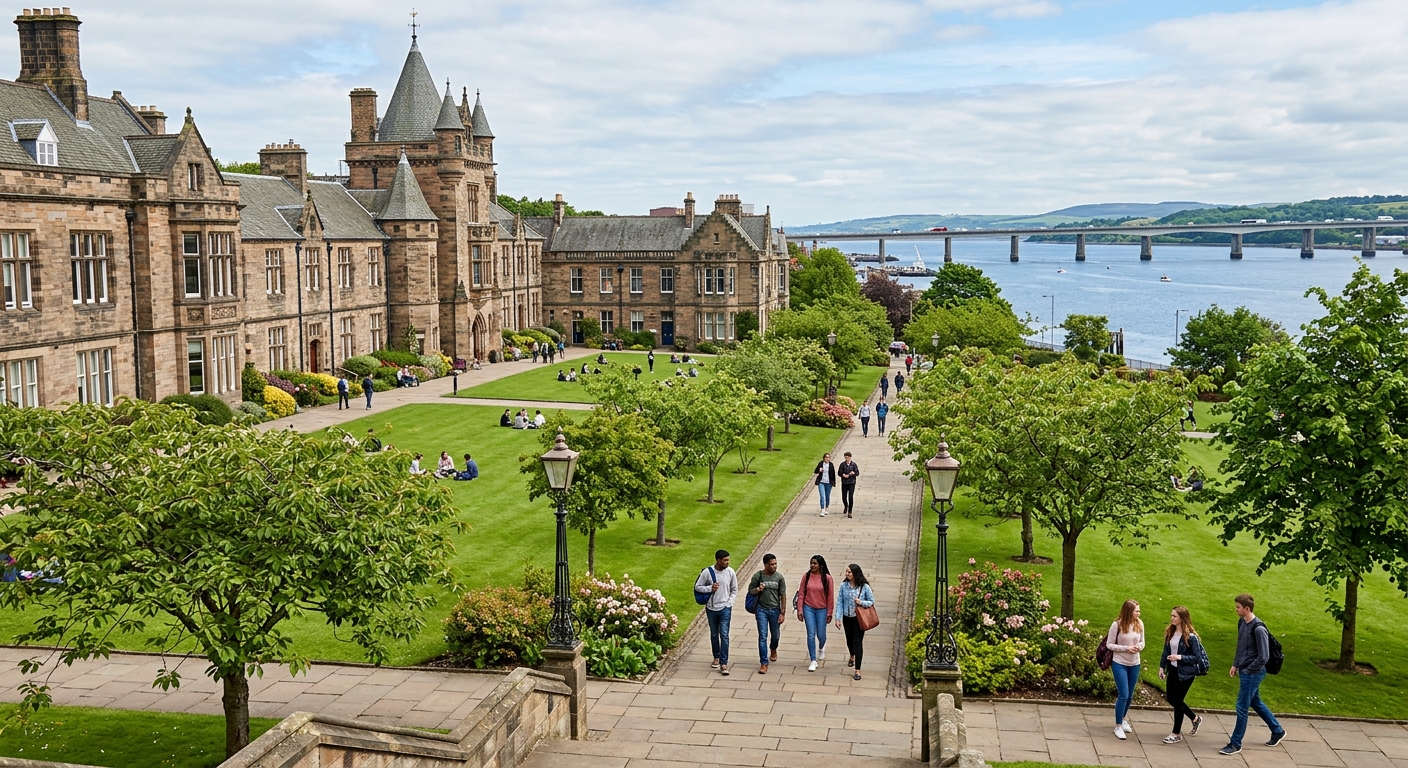 University of Dundee campus view with historic stone buildings, green lawns, and students walking along tree-lined paths in Dundee, Scotland, with the River Tay visible in the background