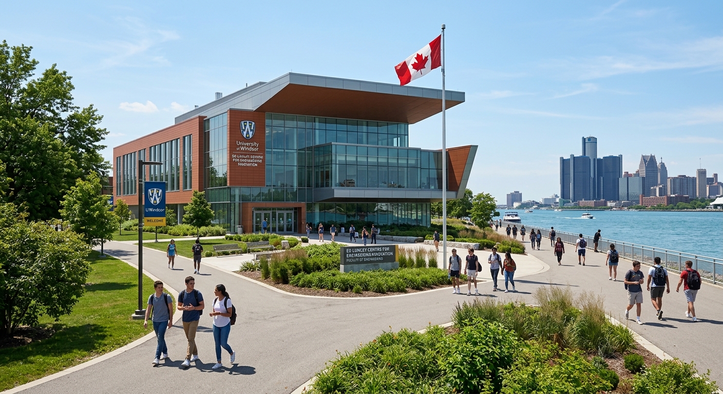 Modern engineering campus building at the University of Windsor with the Ed Lumley Centre for Engineering Innovation, students walking along pathways near the Detroit River waterfront, green landscaping, Canadian flag visible, bright sunny day