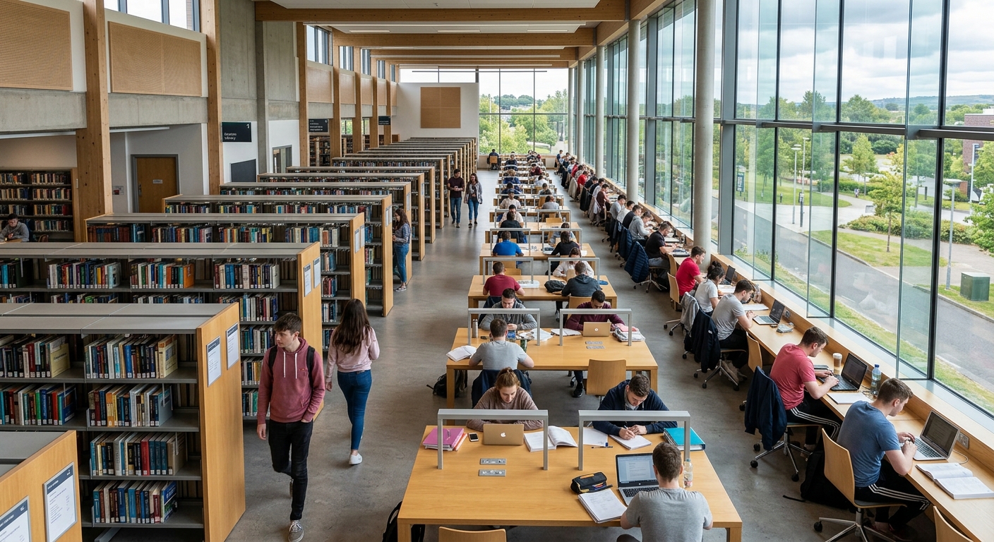 De Chastelain Library interior at DkIT, rows of bookshelves, students studying at desks, natural light through large windows, modern academic setting
