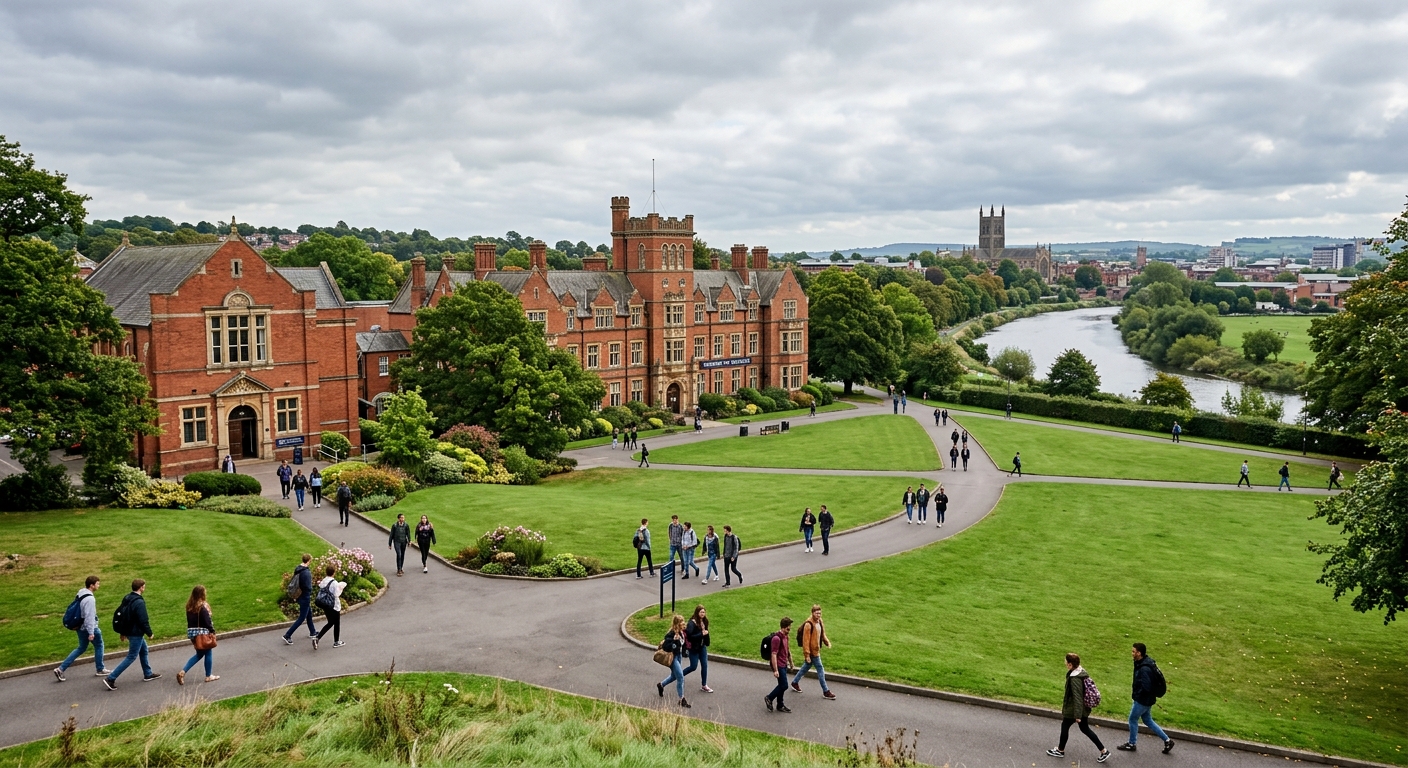 University of Worcester St John's Campus wide-angle view, historic red brick buildings surrounded by green lawns, River Severn visible in background, overcast English sky, students walking along pathways