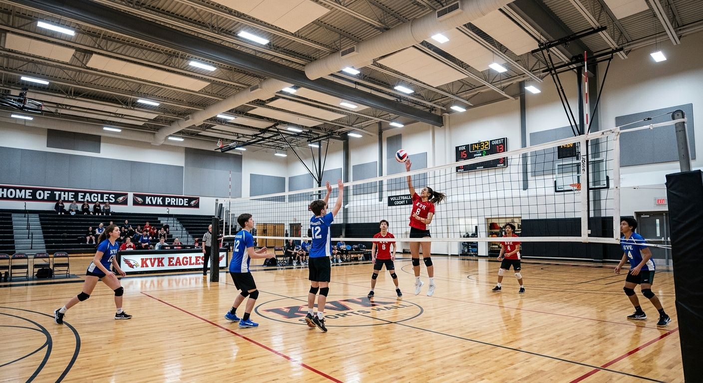 KVK sports hall interior, basketball court with wooden flooring, students playing volleyball, modern lighting and equipment
