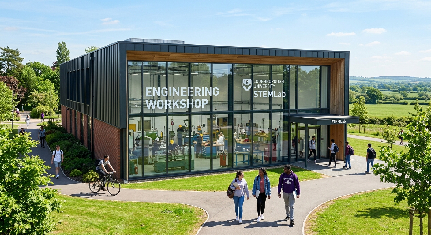 Loughborough University STEMLab building exterior with modern glass facade, students walking on green campus paths, engineering workshop visible through windows, bright daylight with blue sky over Leicestershire countryside