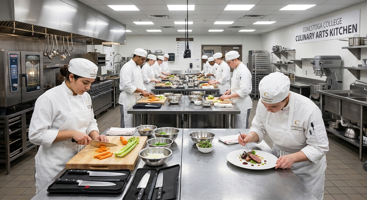Professional culinary kitchen at Conestoga College with students in white chef uniforms practicing knife skills and plating techniques under bright overhead lighting, stainless steel counters and commercial equipment visible