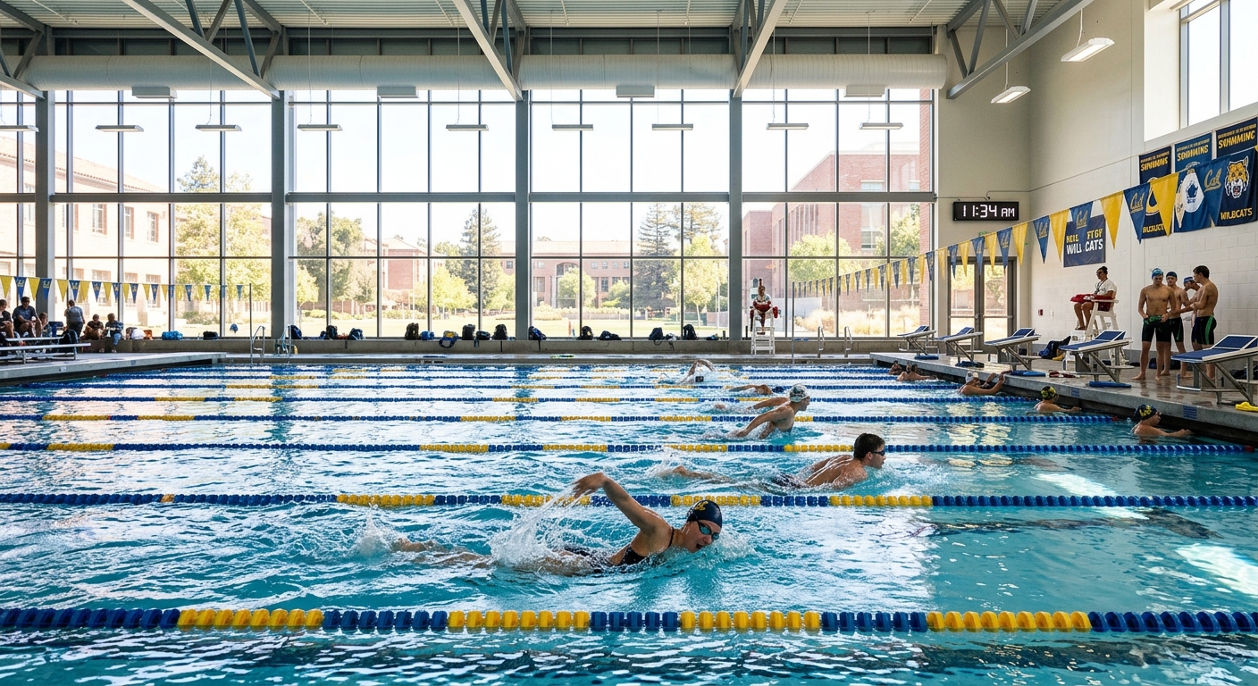 Indoor university swimming pool with lane markers, natural light streaming through large windows, students training in the water