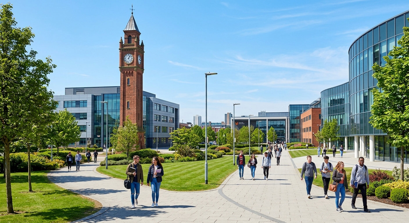 Teesside University campus in Middlesbrough with modern buildings, students walking along pathways, green spaces and the iconic university clock tower under a clear sky