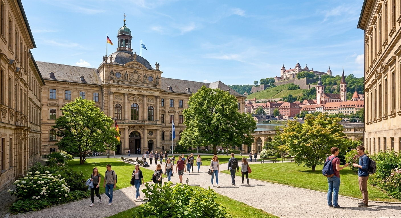 Historic University of Würzburg campus building with baroque architecture, green courtyard, students walking between lecture halls, Würzburg cityscape with Marienberg Fortress visible in the background, sunny day in Bavaria Germany