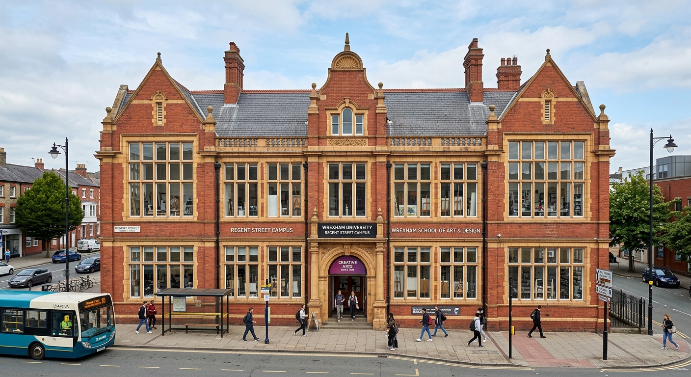 Wrexham University Regent Street campus historic Grade II listed building with large windows housing art and design studios, located near Wrexham city centre