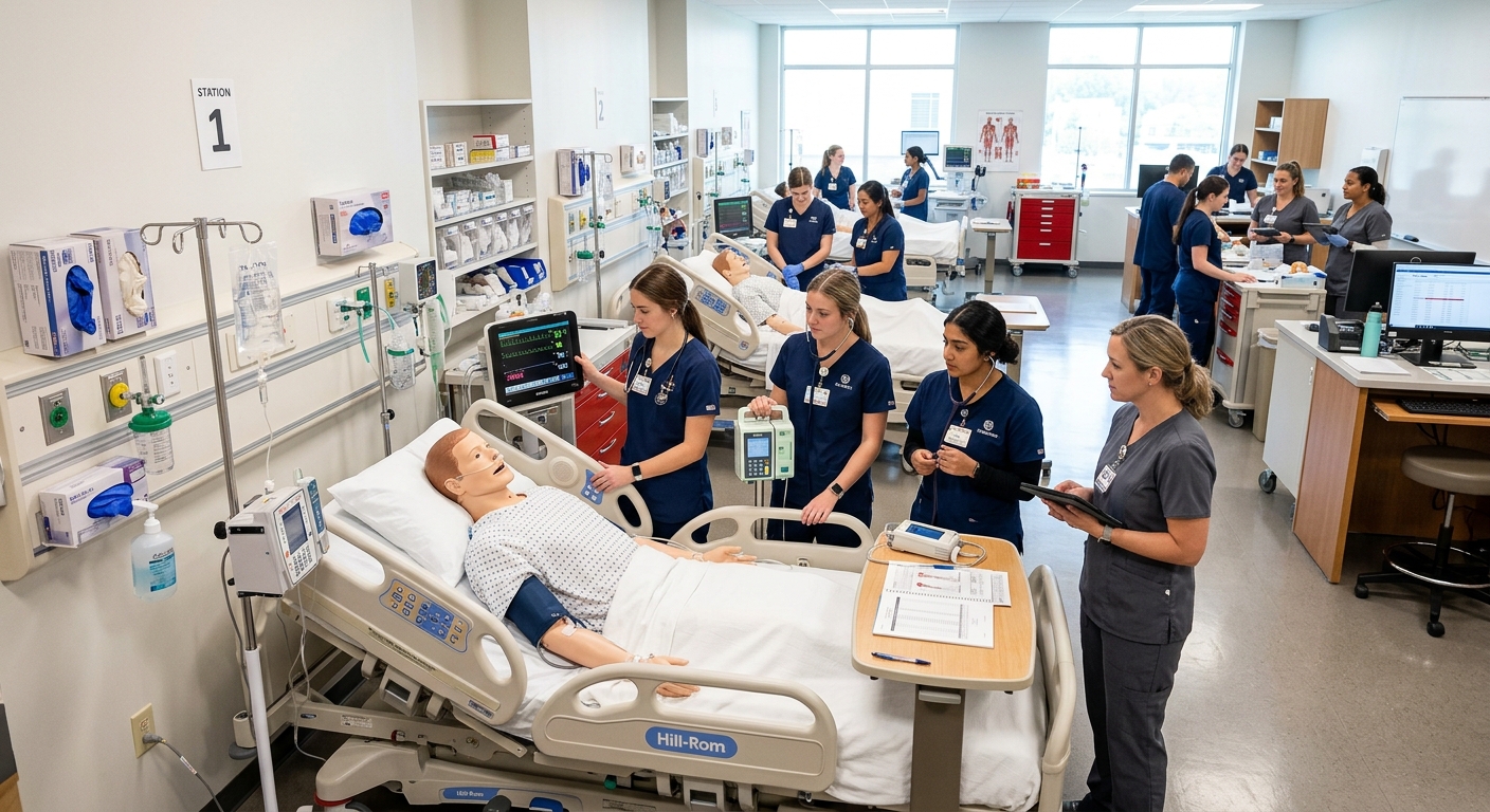 Healthcare simulation lab with medical mannequins, hospital bed stations, nursing training equipment, bright clinical learning environment