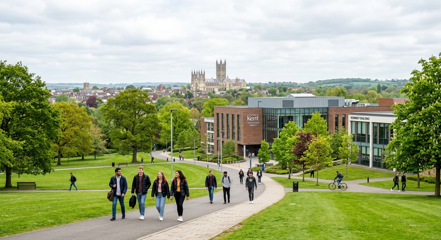 University of Kent Canterbury campus with lush green parkland, historic cathedral visible in background, students walking along tree-lined paths near modern academic buildings, bright overcast English sky