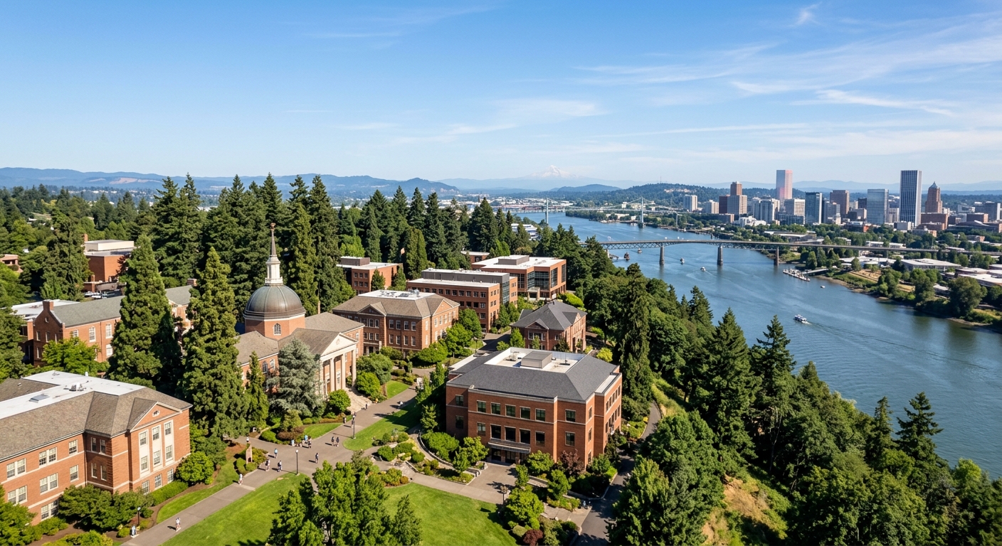 University of Portland campus on The Bluff overlooking the Willamette River, red-brick collegiate buildings surrounded by tall evergreen trees, Portland Oregon skyline in background, clear sky