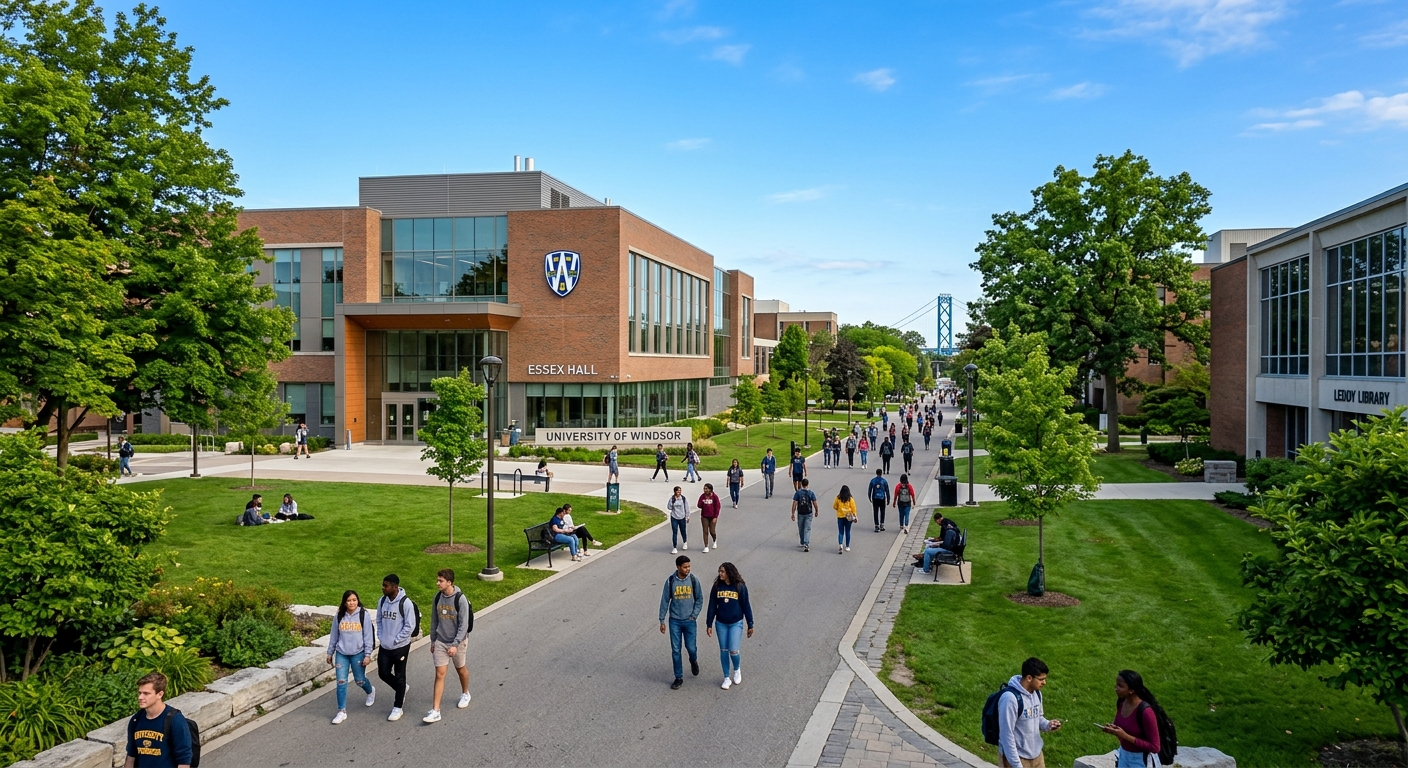 University of Windsor campus in Windsor, Ontario, Canada, with modern academic buildings, green lawns, and students walking along tree-lined pathways under a clear blue sky