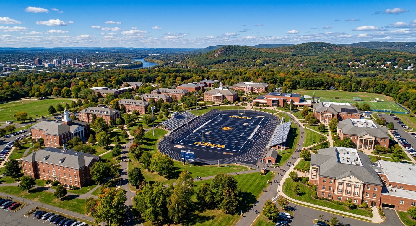Aerial view of Western New England University 215-acre campus in Springfield Massachusetts, showing red-brick academic buildings, green lawns, tree-lined walkways, Golden Bear Stadium, and the Pioneer Valley landscape in the background under a clear blue sky