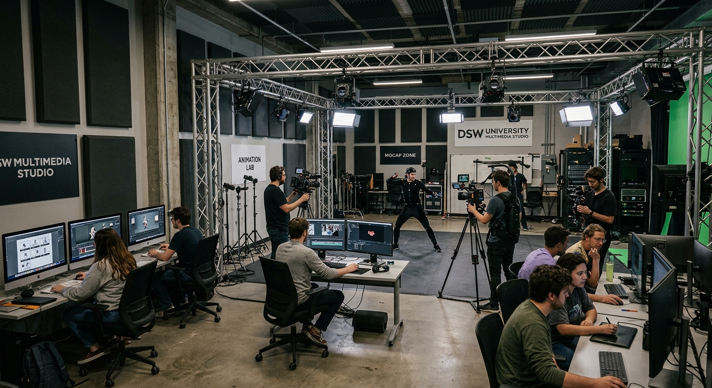 DSW University multimedia studio interior with professional cameras, lighting equipment, motion capture technology, students working on animation projects