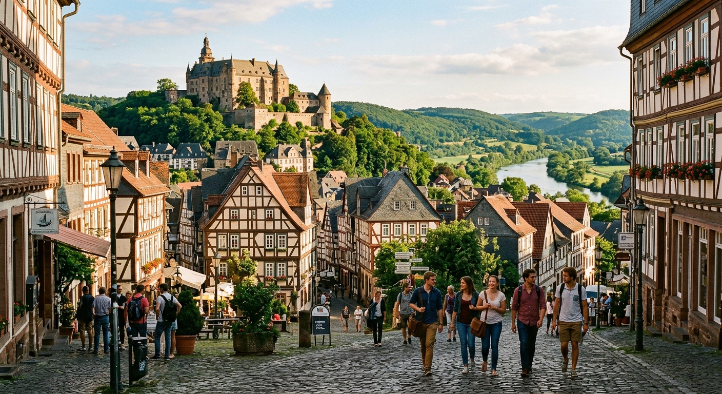 Historic University of Marburg campus with half-timbered buildings and the Marburg Castle on a hilltop, students walking through cobblestone streets, lush green Lahn Valley in the background, warm sunlight