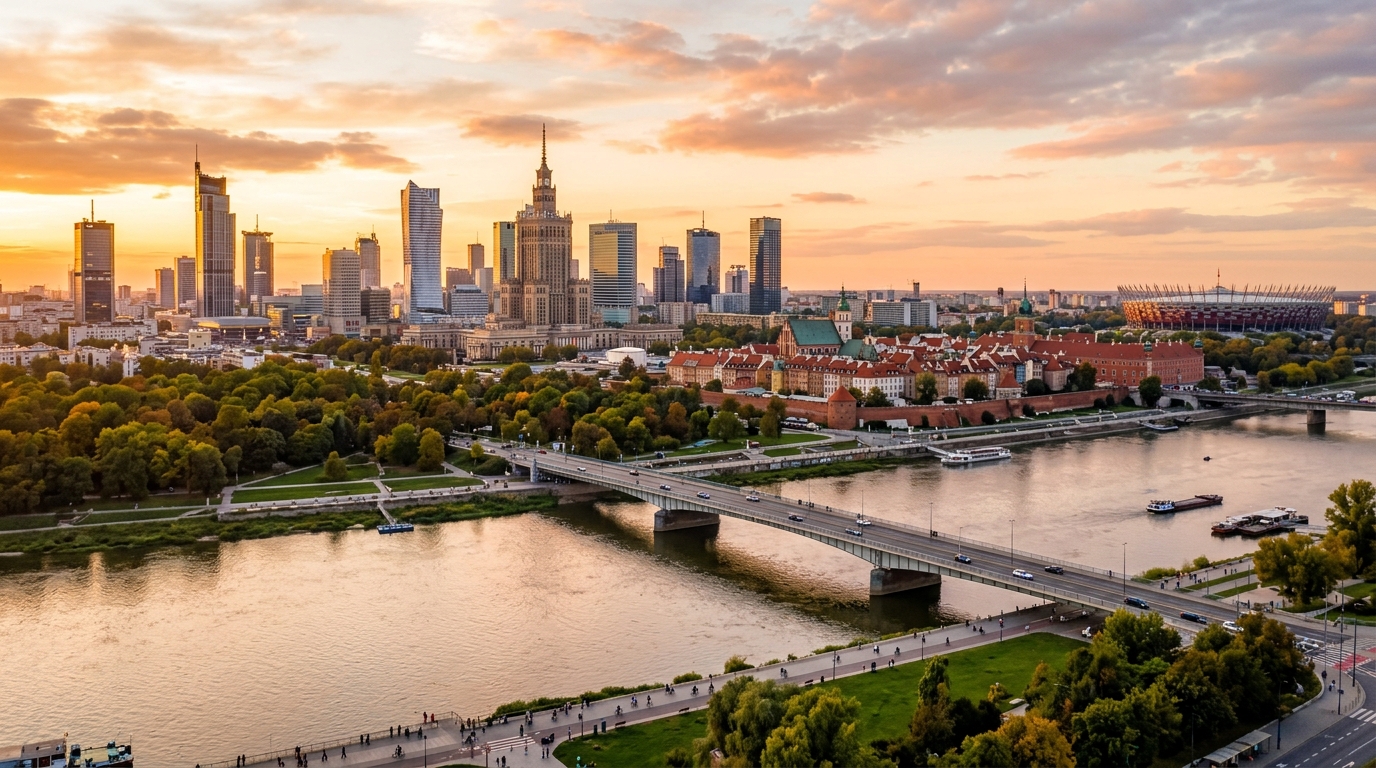 Warsaw city skyline panorama, modern skyscrapers mixed with historic Old Town architecture, Vistula River in foreground, green parks, golden hour lighting
