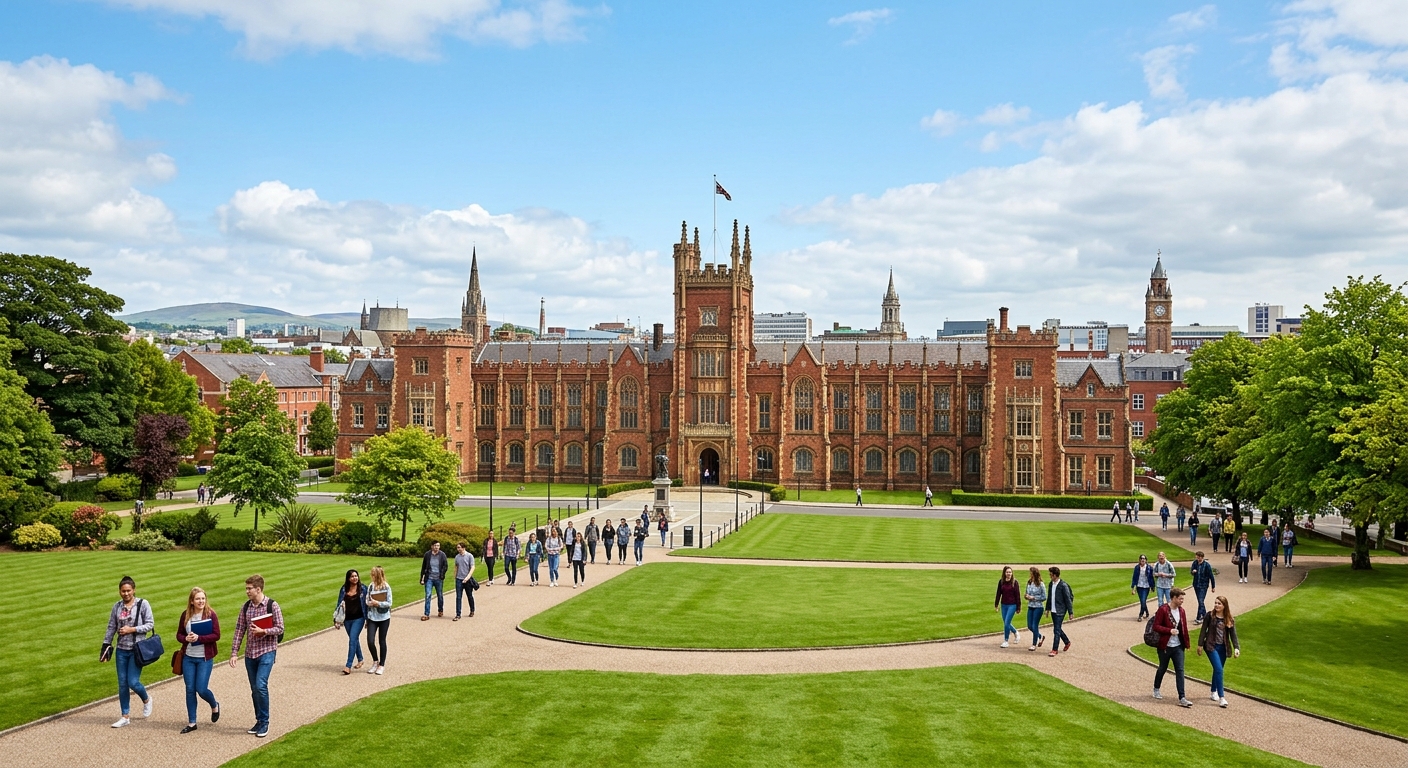 Queen's University Belfast historic red-brick Lanyon Building with manicured green lawn in foreground, students walking along pathways, clear sky with soft clouds over Belfast cityscape