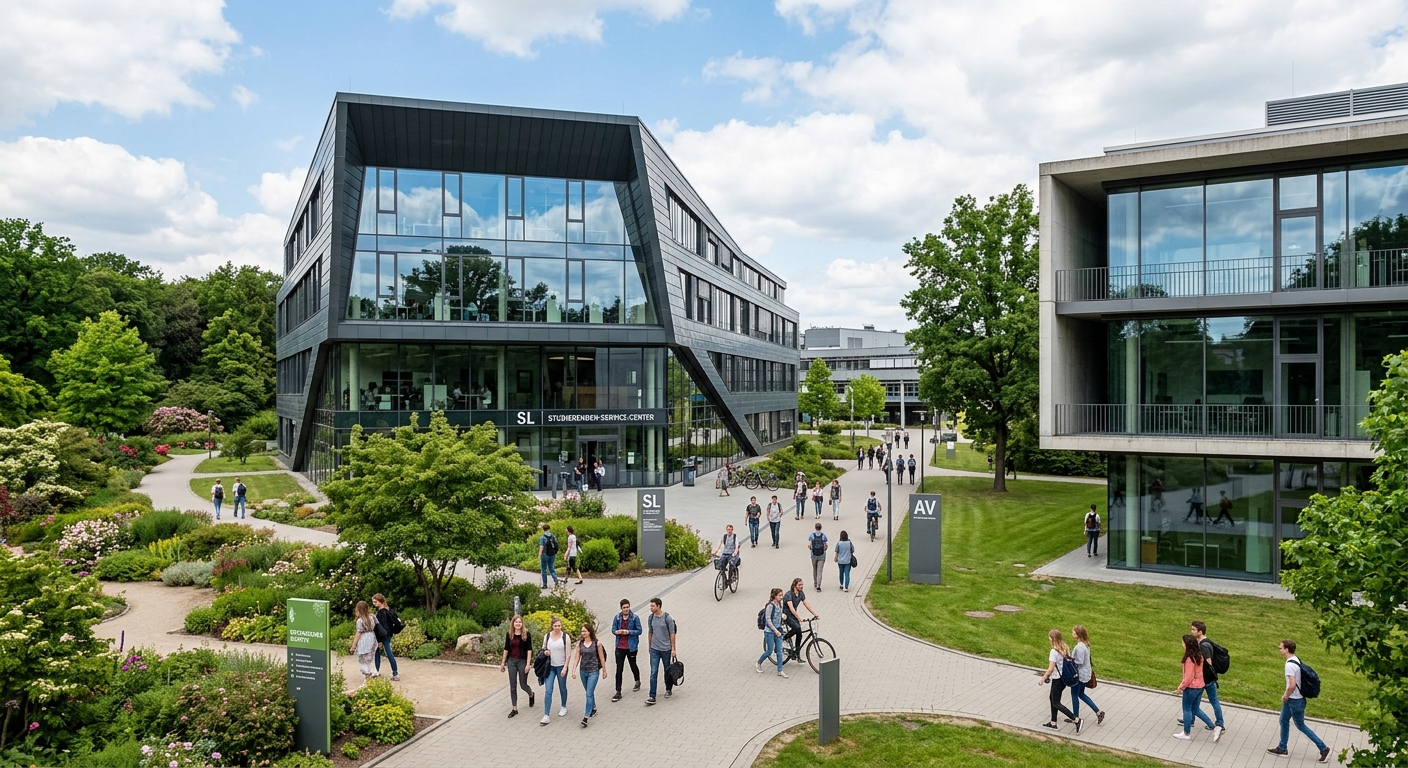 Modern university buildings on Westerberg campus Osnabrück, contemporary architecture with glass facades, students on pathways between buildings, botanical garden visible
