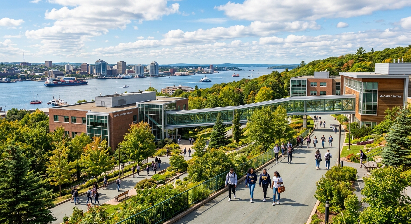 Mount Saint Vincent University campus overlooking Halifax harbour, Nova Scotia, with green wooded grounds, modern academic buildings connected by enclosed walkways, and students walking along tree-lined paths under a bright Canadian sky