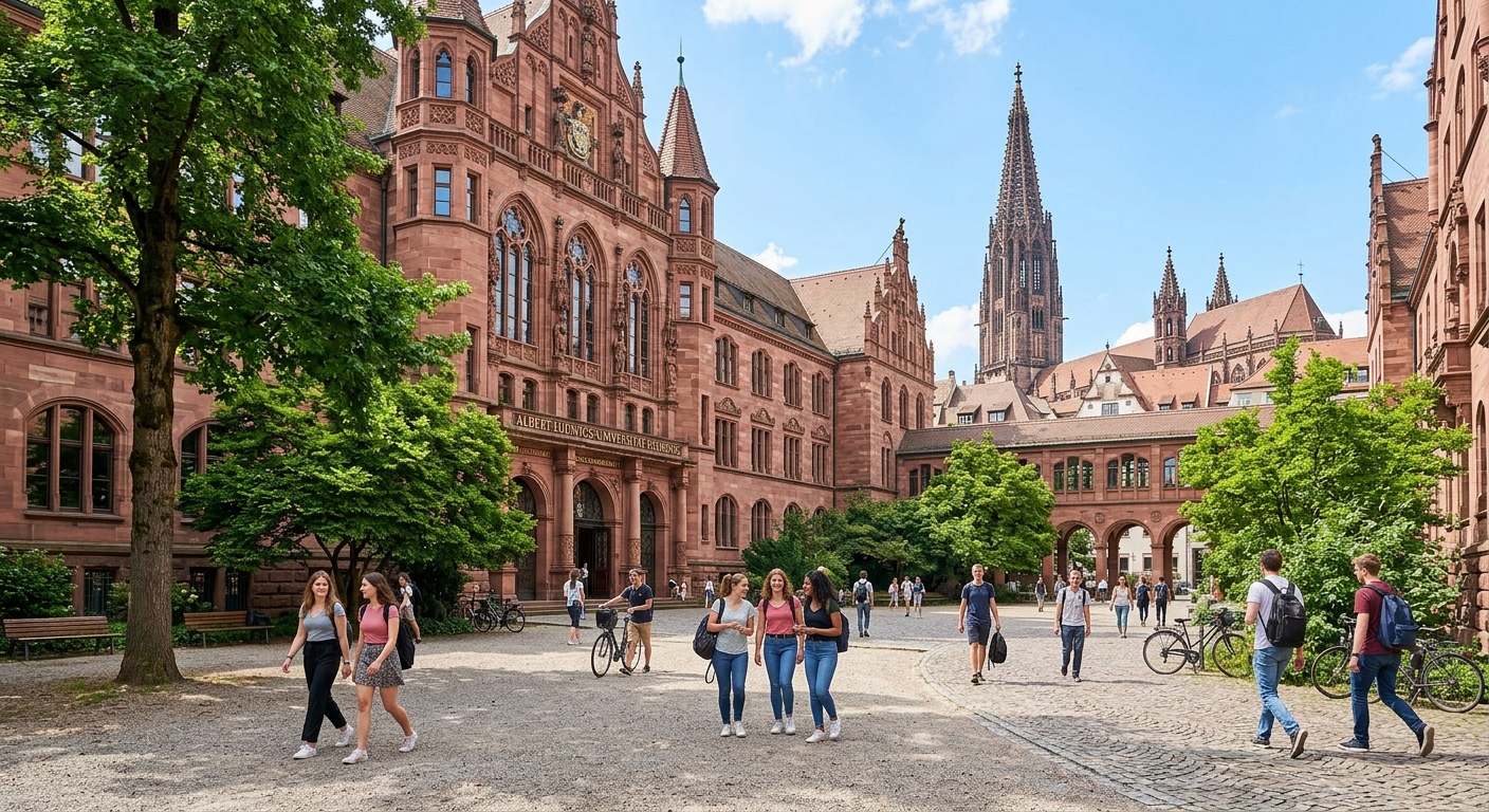 University of Freiburg historic main building with red sandstone facade, students walking through the central courtyard, lush green trees and the Freiburg Minster visible in the background, sunny day in Baden-Württemberg Germany