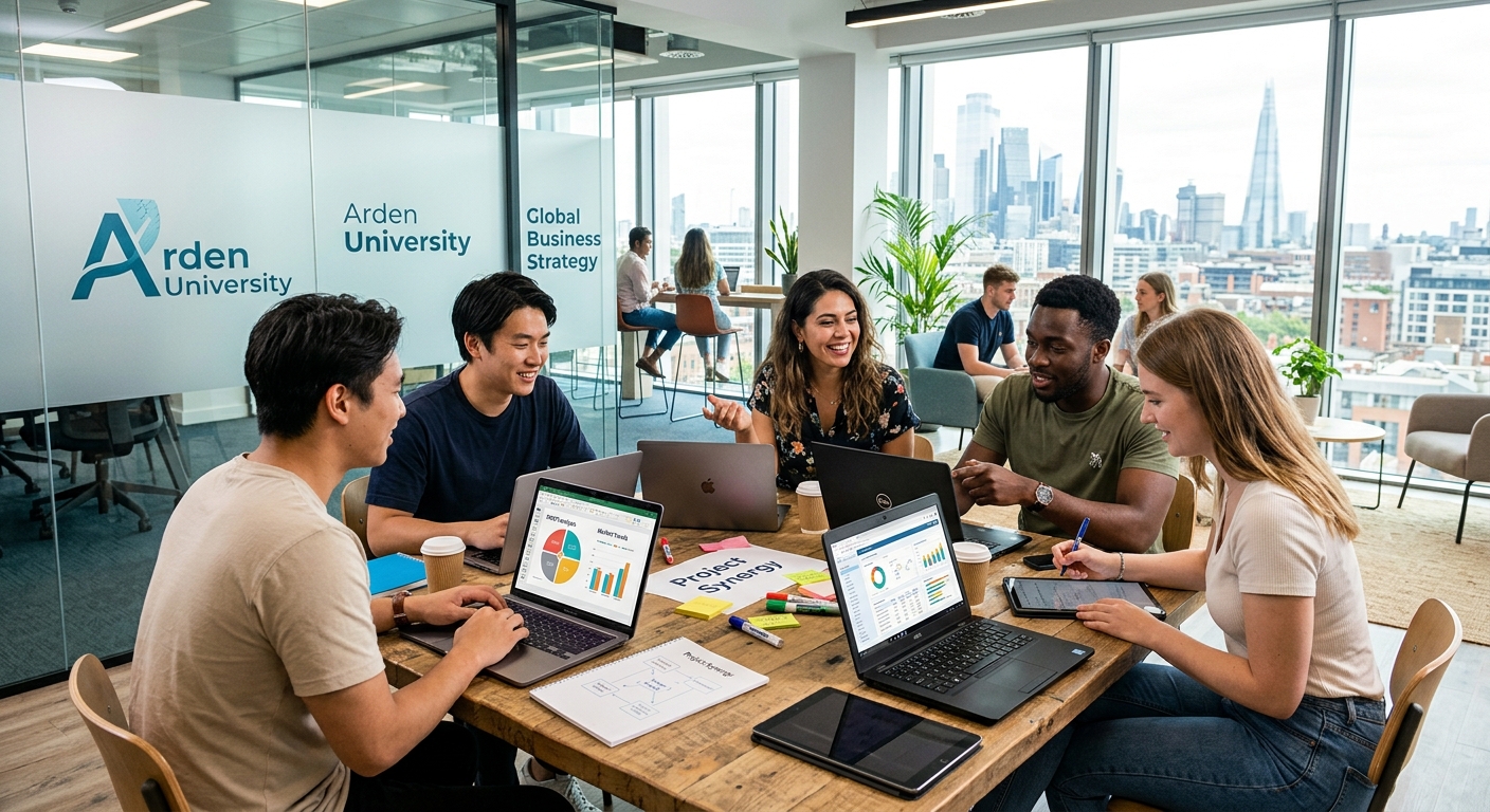 Modern digital learning environment with diverse international students collaborating on business strategy projects, laptops open with data visualizations, Arden University branding, bright contemporary workspace with glass walls and city views