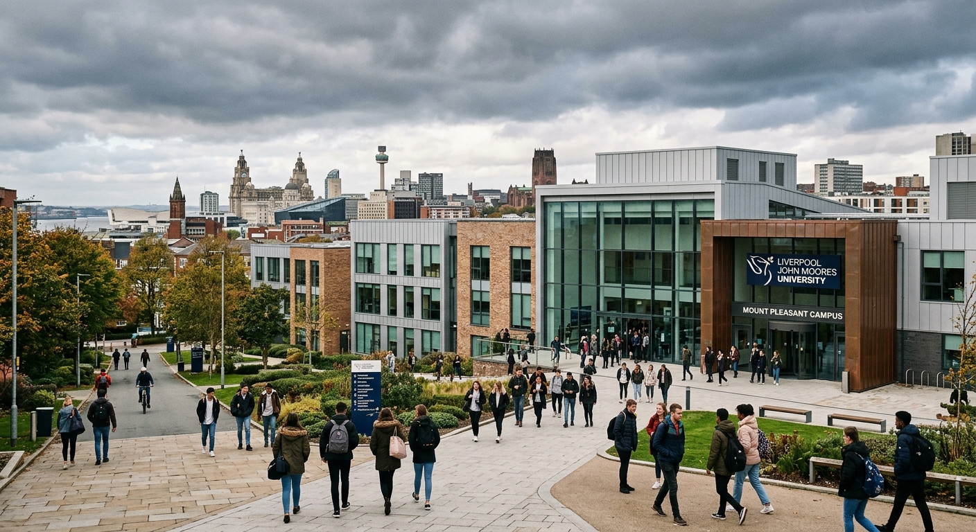 Liverpool John Moores University Mount Pleasant campus building exterior with modern architecture, students walking on pathways, Liverpool city skyline in the background, overcast British sky
