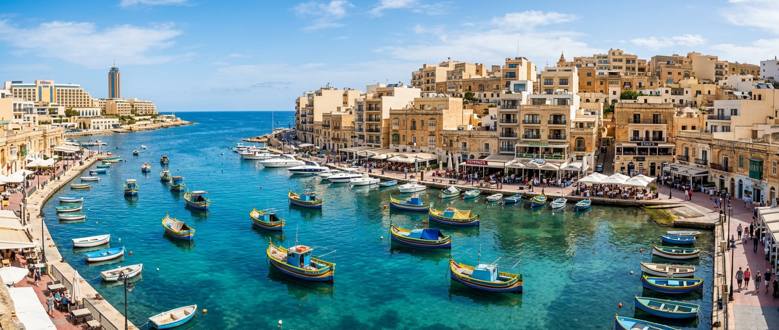 Panoramic view of St Julian's Malta showing Spinola Bay with colourful traditional fishing boats, waterfront restaurants, limestone buildings, and clear blue Mediterranean waters under a sunny sky