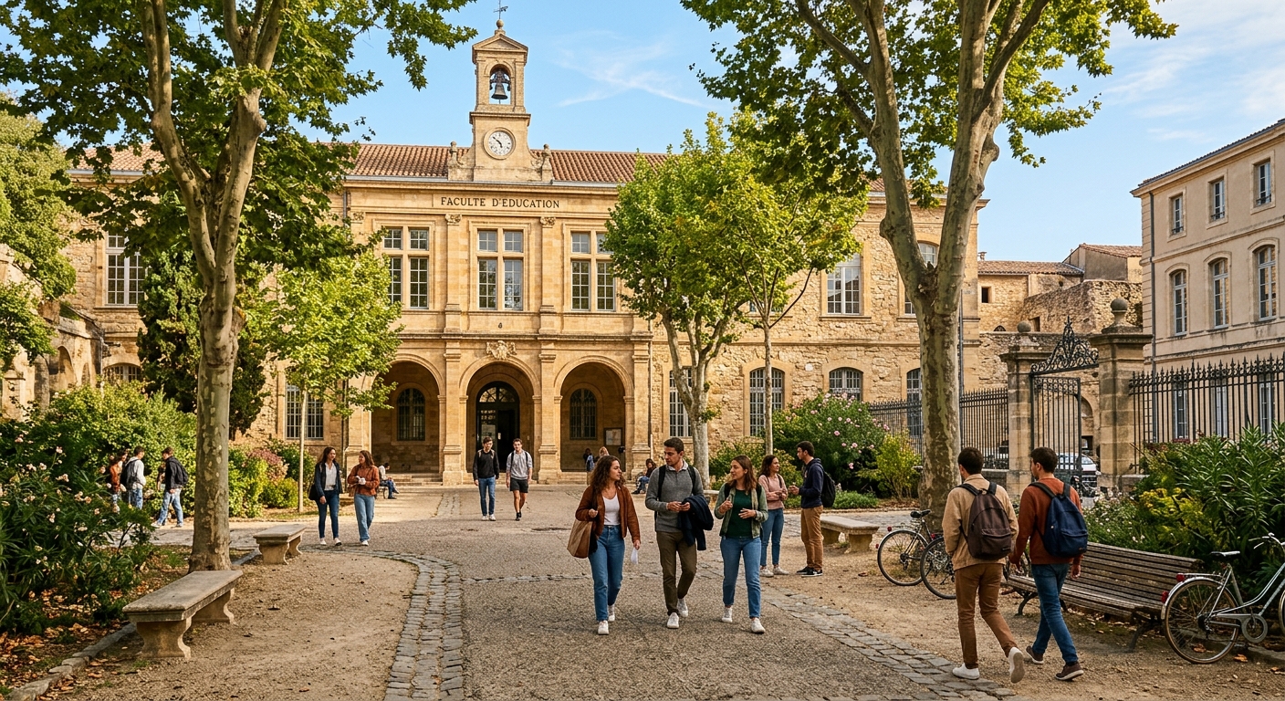Historic stone faculty building at Université de Montpellier with students walking through a tree-lined courtyard, Mediterranean architecture, warm sunlight, education faculty campus in southern France