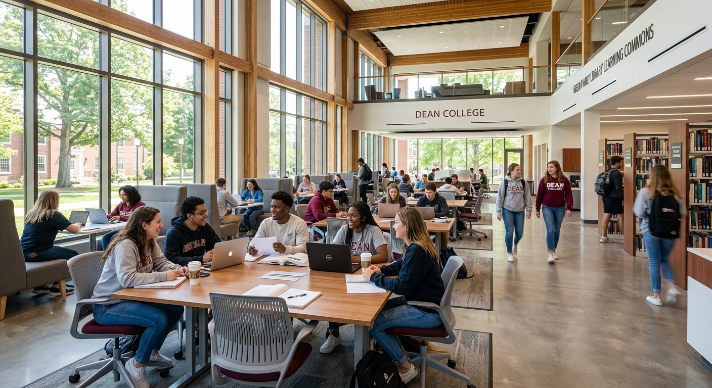 Green Family Library Learning Commons at Dean College, modern interior with open study spaces, students collaborating at tables, natural lighting through large windows