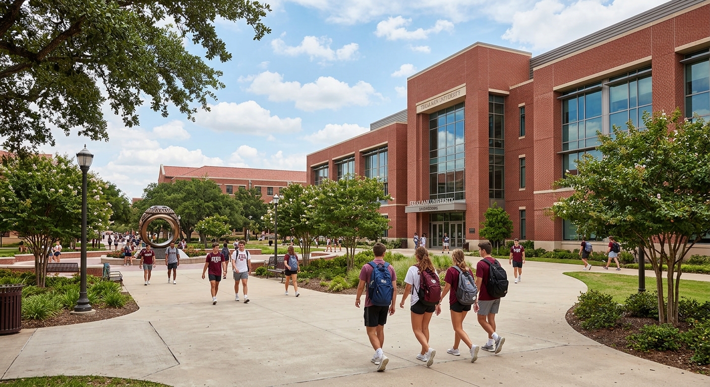 Texas A&M University College Station campus with the Engineering Technology building, students walking on tree-lined pathways, red brick architecture, blue sky with scattered clouds, Aggie Ring statue visible in background