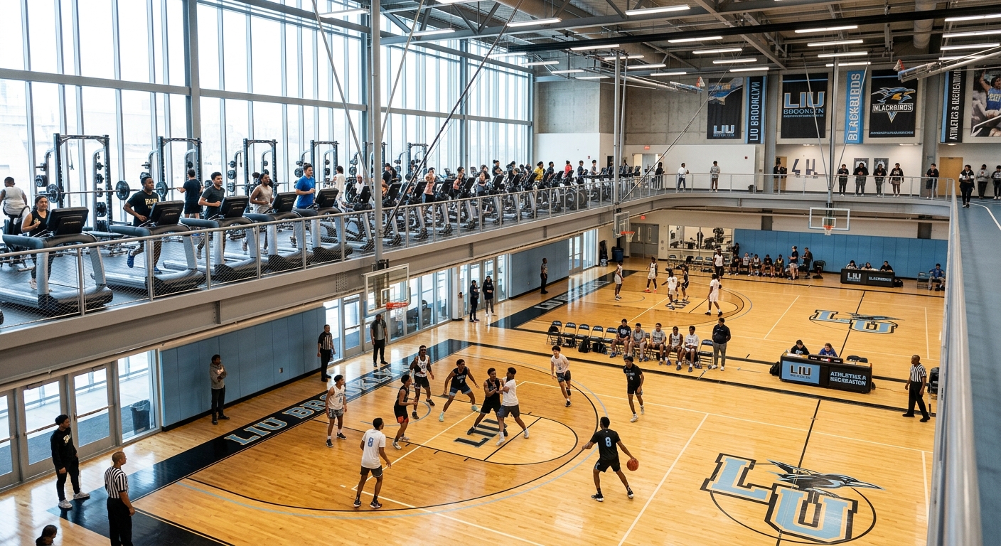 LIU Brooklyn athletic complex and recreation center with modern fitness equipment, indoor basketball courts, and students exercising, bright lighting