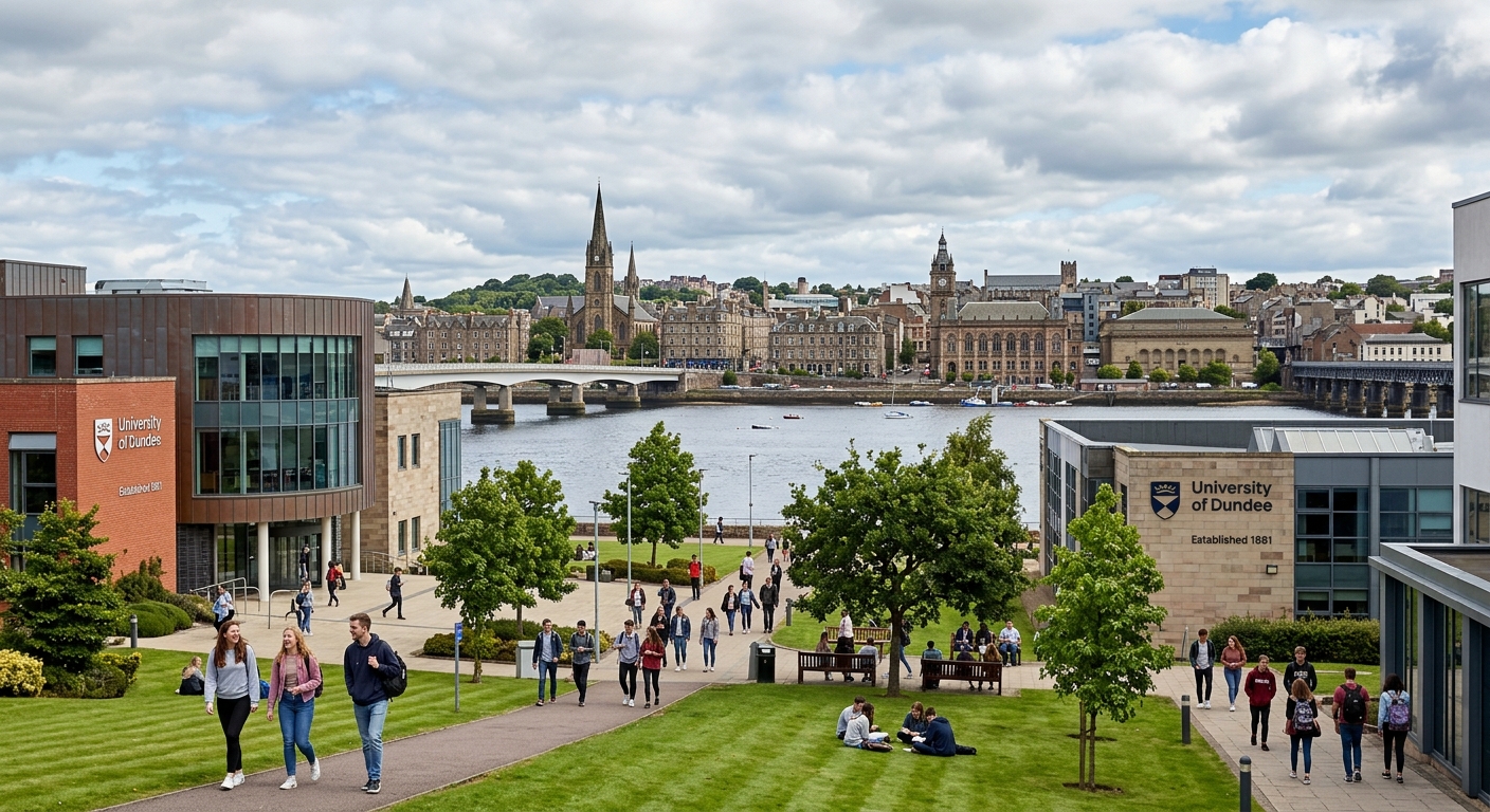 University of Dundee campus with modern buildings along the River Tay, students walking across green courtyards, Scottish cityscape with historic architecture in the background under partly cloudy skies