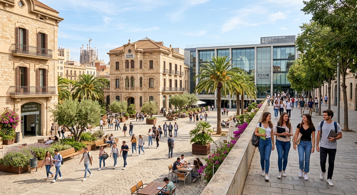 Modern business school campus in Barcelona, Spain with Mediterranean architecture, students walking through sunlit courtyard, palm trees and historic buildings in the background, vibrant urban setting