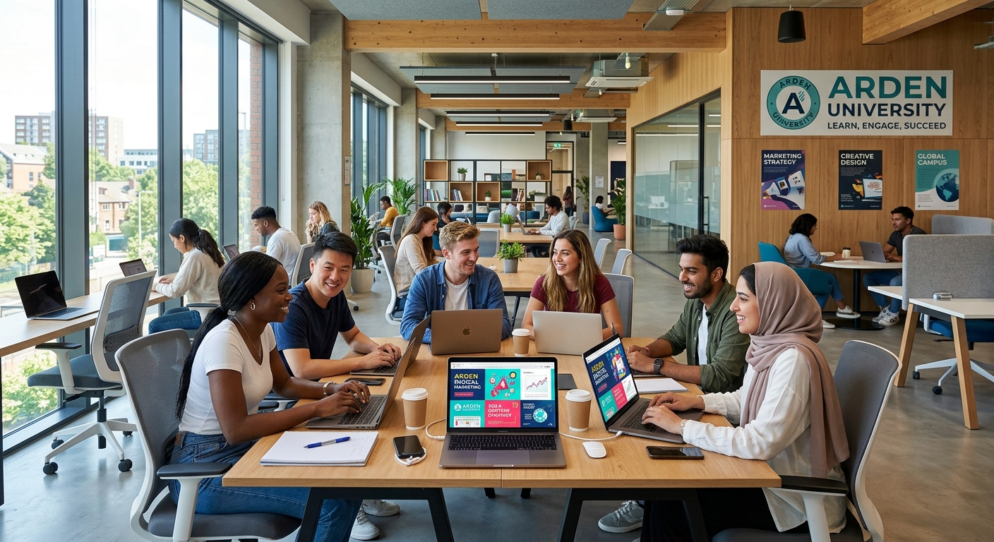 Modern open-plan university study space with diverse international students collaborating around laptops, digital marketing graphics on screens, bright contemporary interior with natural lighting and Arden University branding