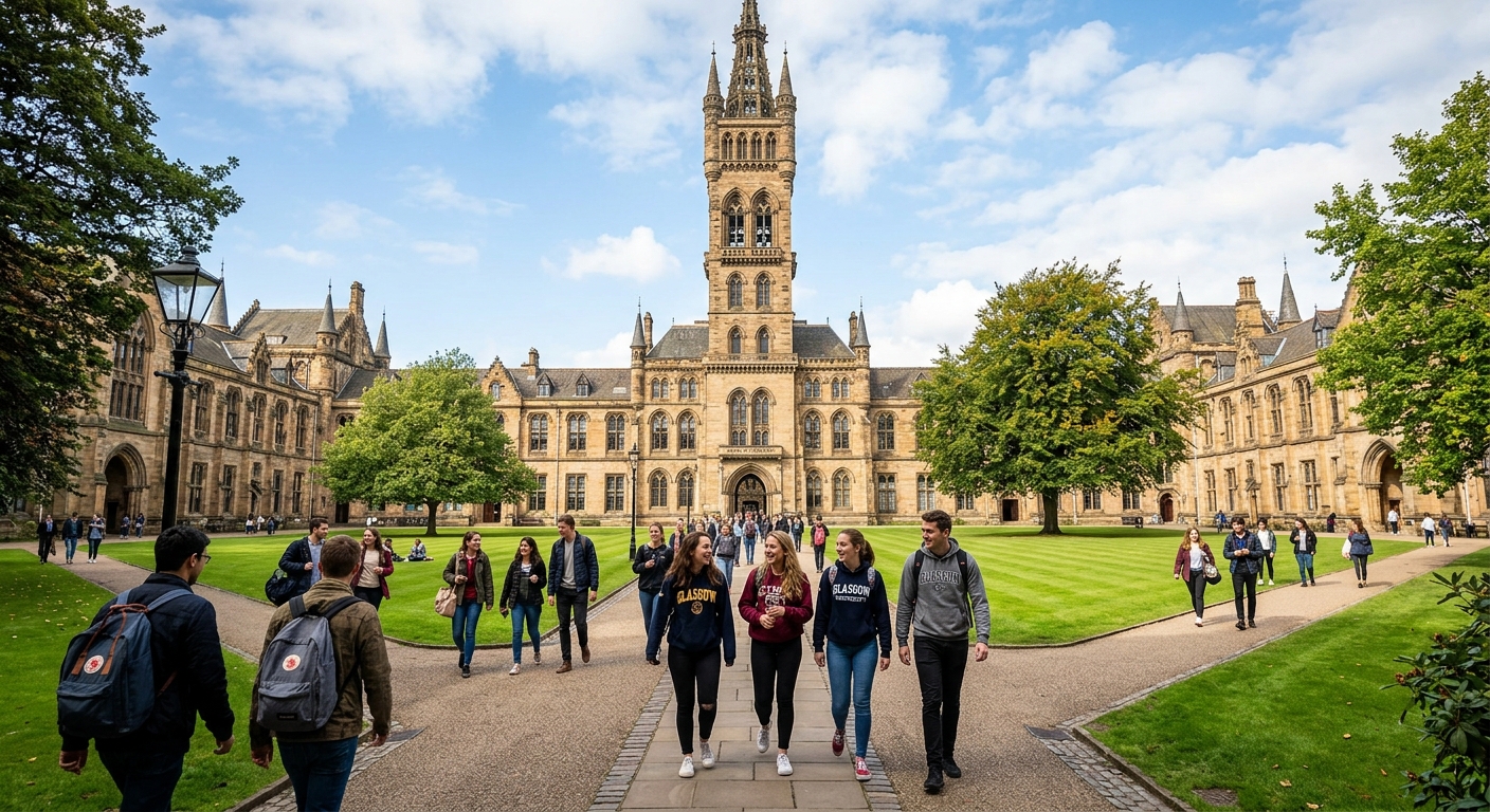 University of Glasgow historic Gothic revival main building with ornate tower and green quadrangle, students walking across campus on a sunny day in Scotland