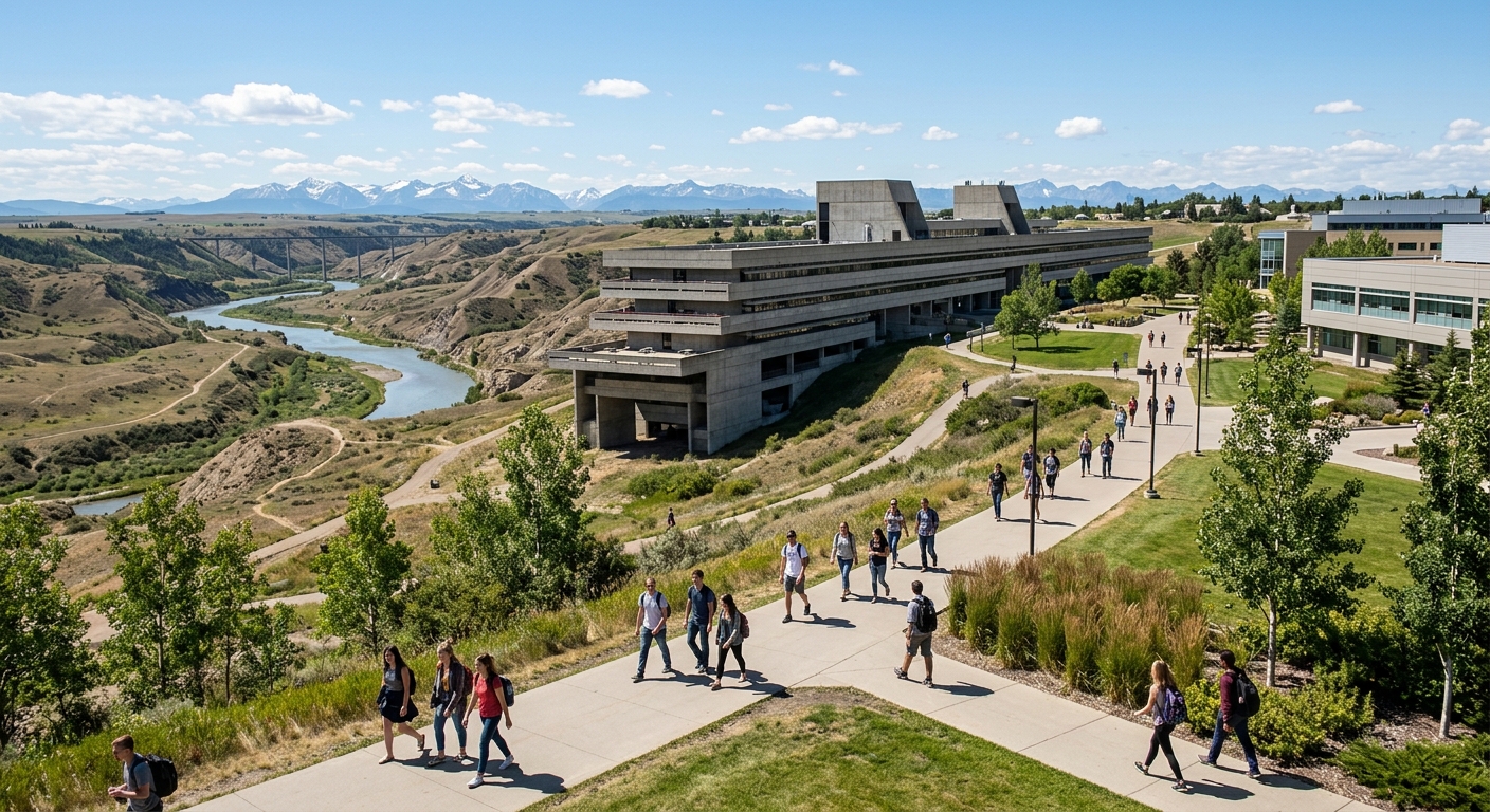 University of Lethbridge campus overlooking the Oldman River valley in southern Alberta, iconic Arthur Erickson University Hall building with sweeping modern architecture, Rocky Mountains visible in the background, students walking along pathways on a sunny day