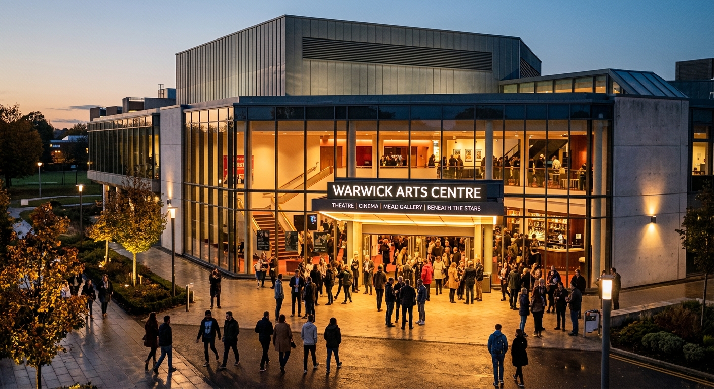Warwick Arts Centre exterior, a large contemporary cultural venue with glass frontage, people gathering at the entrance in the evening with warm lighting