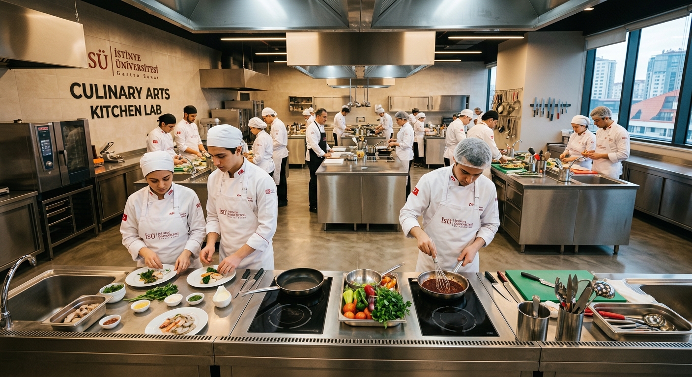 Modern culinary arts kitchen laboratory at Istinye University Istanbul, students in white chef uniforms preparing dishes at professional cooking stations, stainless steel equipment, warm lighting, contemporary university setting