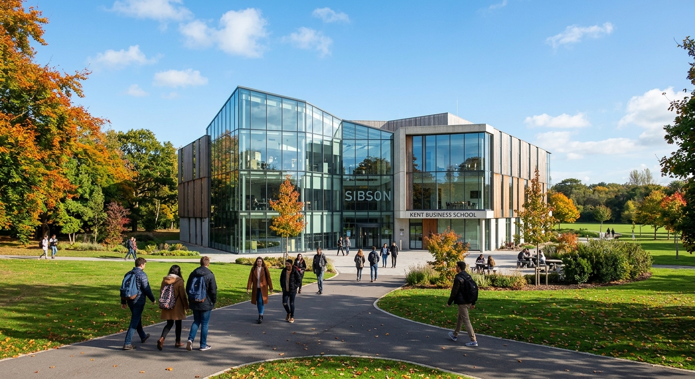Modern Sibson Building at University of Kent Canterbury campus, glass-fronted business school building surrounded by green parkland, students walking on pathways, bright autumn day with blue sky