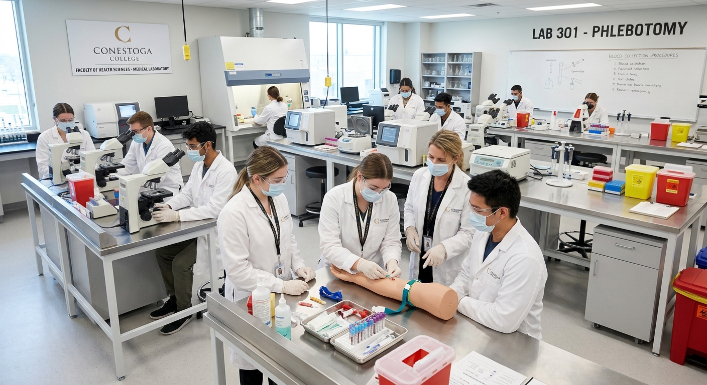 Modern medical laboratory at Conestoga College with students in white lab coats practicing blood collection techniques, microscopes and diagnostic equipment on benches, bright clinical lighting, Kitchener Ontario campus