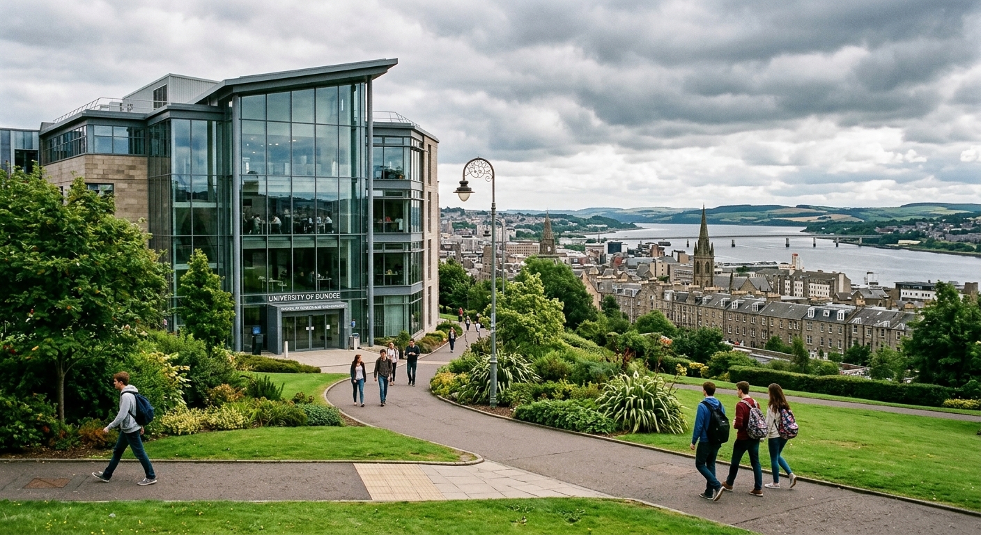 University of Dundee School of Science and Engineering building with modern glass facade, students walking on campus pathway, Scottish cityscape in background with the River Tay visible, overcast sky with green landscaping