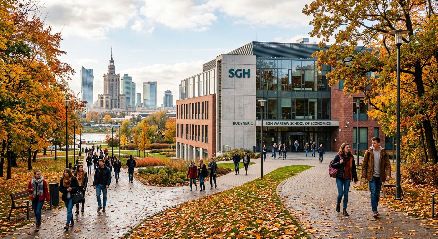 SGH Warsaw School of Economics main campus building with modern architecture, students walking along tree-lined paths, Warsaw cityscape in background, autumn atmosphere with golden leaves