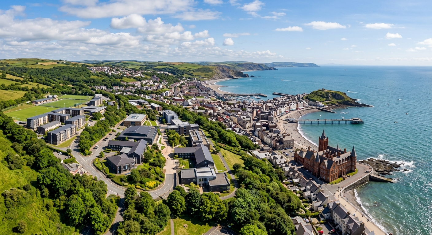 Aberystwyth University Penglais campus aerial view overlooking Cardigan Bay coastline, green hillside campus with modern academic buildings, Old College Gothic revival building on the seafront, Welsh seaside town below, blue sky with scattered clouds
