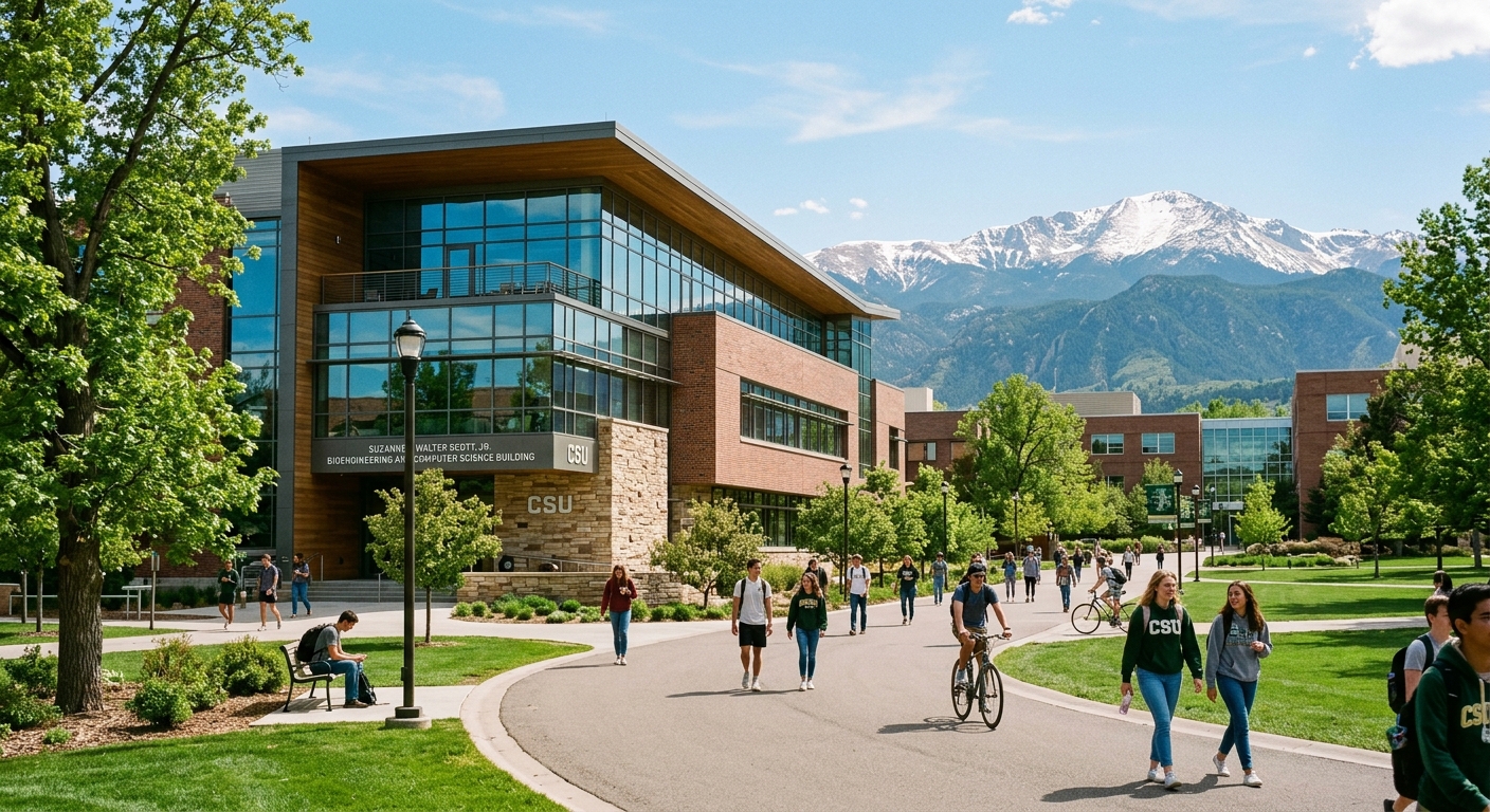 Colorado State University campus in Fort Collins with the Rocky Mountains in the background, modern computer science building, students walking on tree-lined pathways, bright sunny day