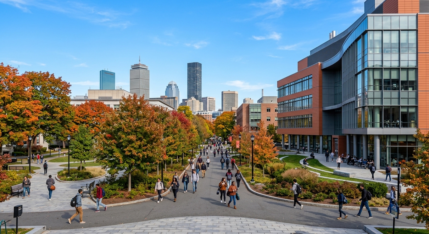 Northeastern University Boston campus with modern engineering buildings, students walking along tree-lined paths, city skyline in the background, autumn foliage, clear sky