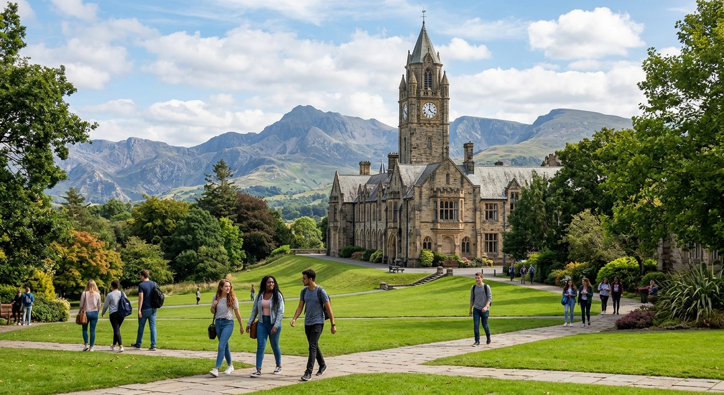 Bangor University historic main arts building with clock tower, set against the backdrop of Snowdonia mountains in North Wales, students walking across the green campus grounds on a bright day