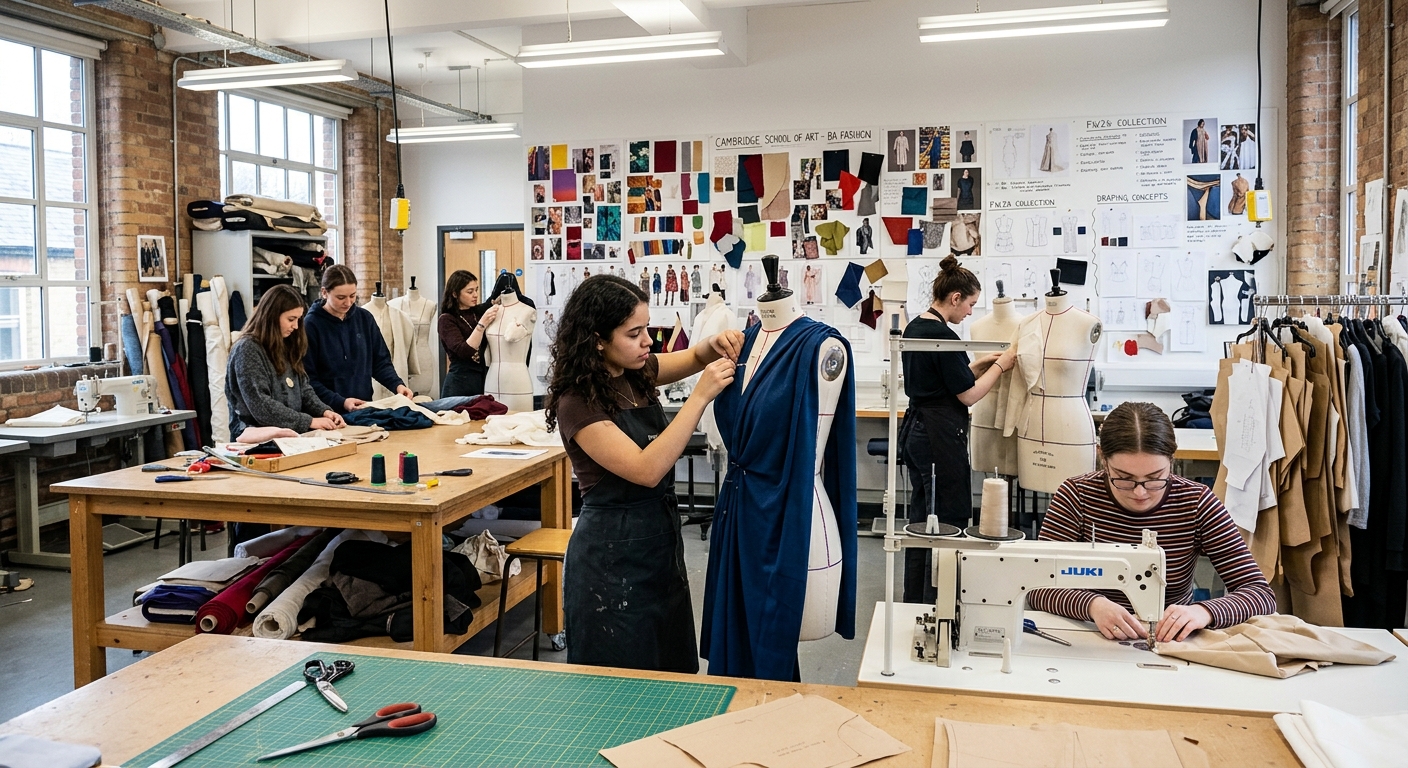 Fashion design studio at Cambridge School of Art, Anglia Ruskin University, with students working on mannequins, fabric draping, and sewing machines under bright studio lighting, mood boards and sketches on the walls