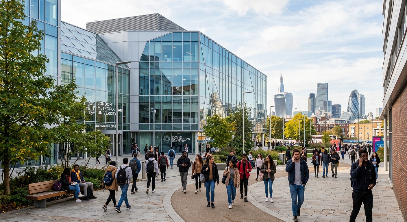 Modern university campus building at London Metropolitan University with glass facades, students walking through courtyard, London skyline visible in background, bright daylight