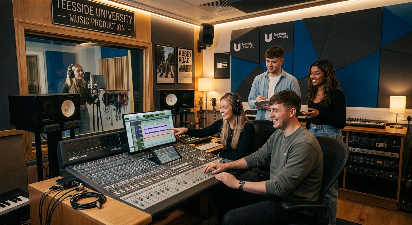 Modern music production studio at Teesside University with mixing consoles, studio monitors, microphones, and acoustic treatment panels, students collaborating on a recording session under warm studio lighting
