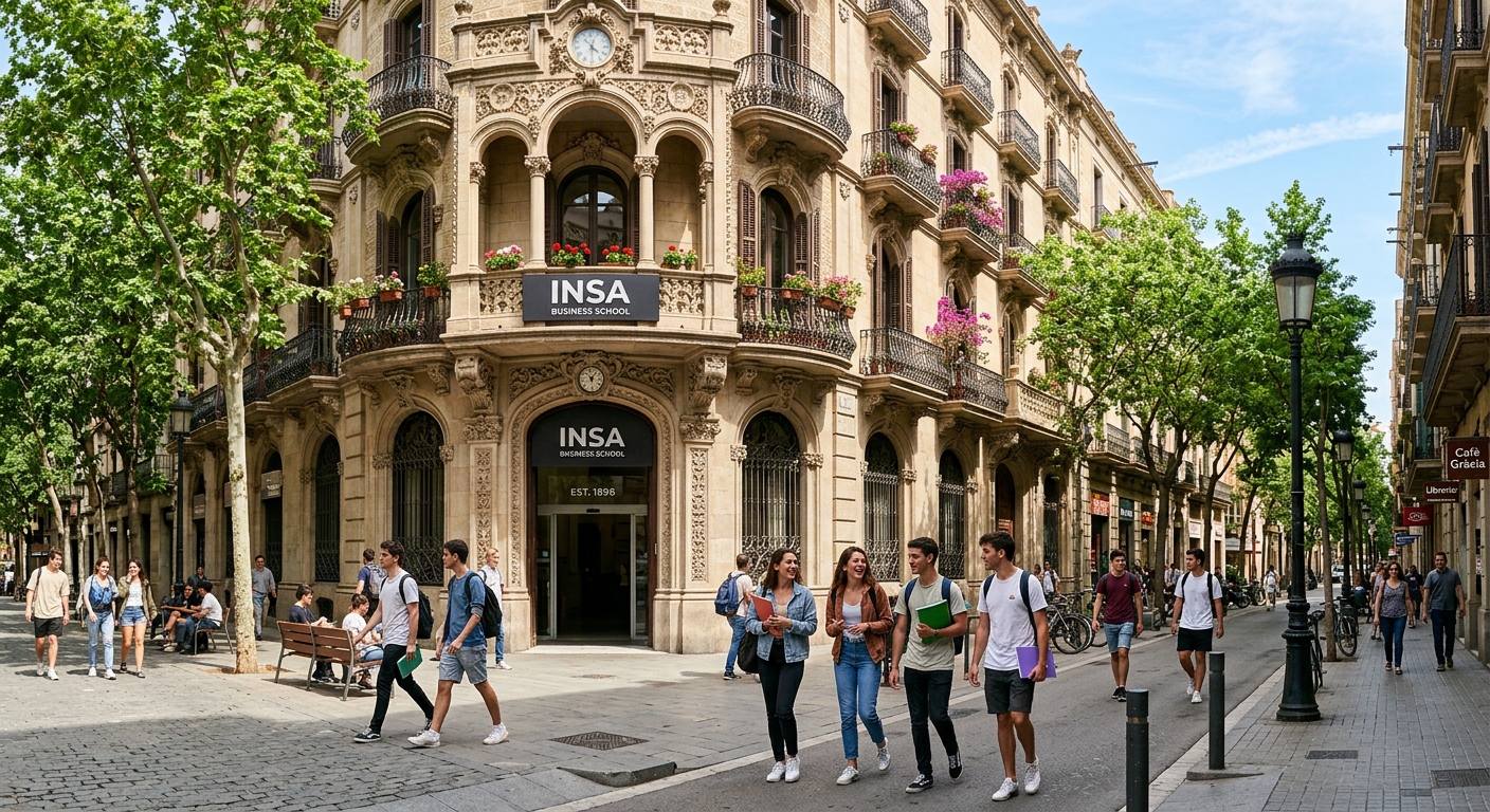 INSA Business School Barcelona campus exterior, historic 19th century building in the Gracia district, Mediterranean architecture with ornate facade, students walking along tree-lined street, warm sunny day